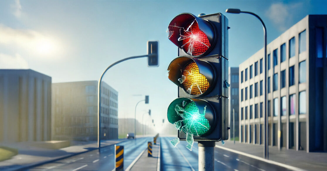 Eine zerbrochene Ampel auf einer Straße symbolisiert das Aus der Regierung