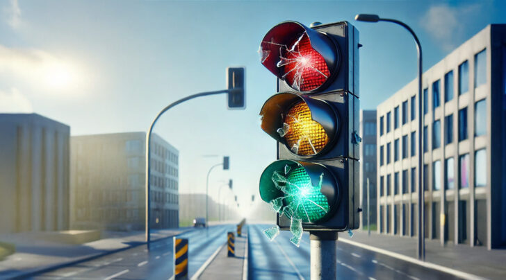 Eine zerbrochene Ampel auf einer Straße symbolisiert das Aus der Regierung